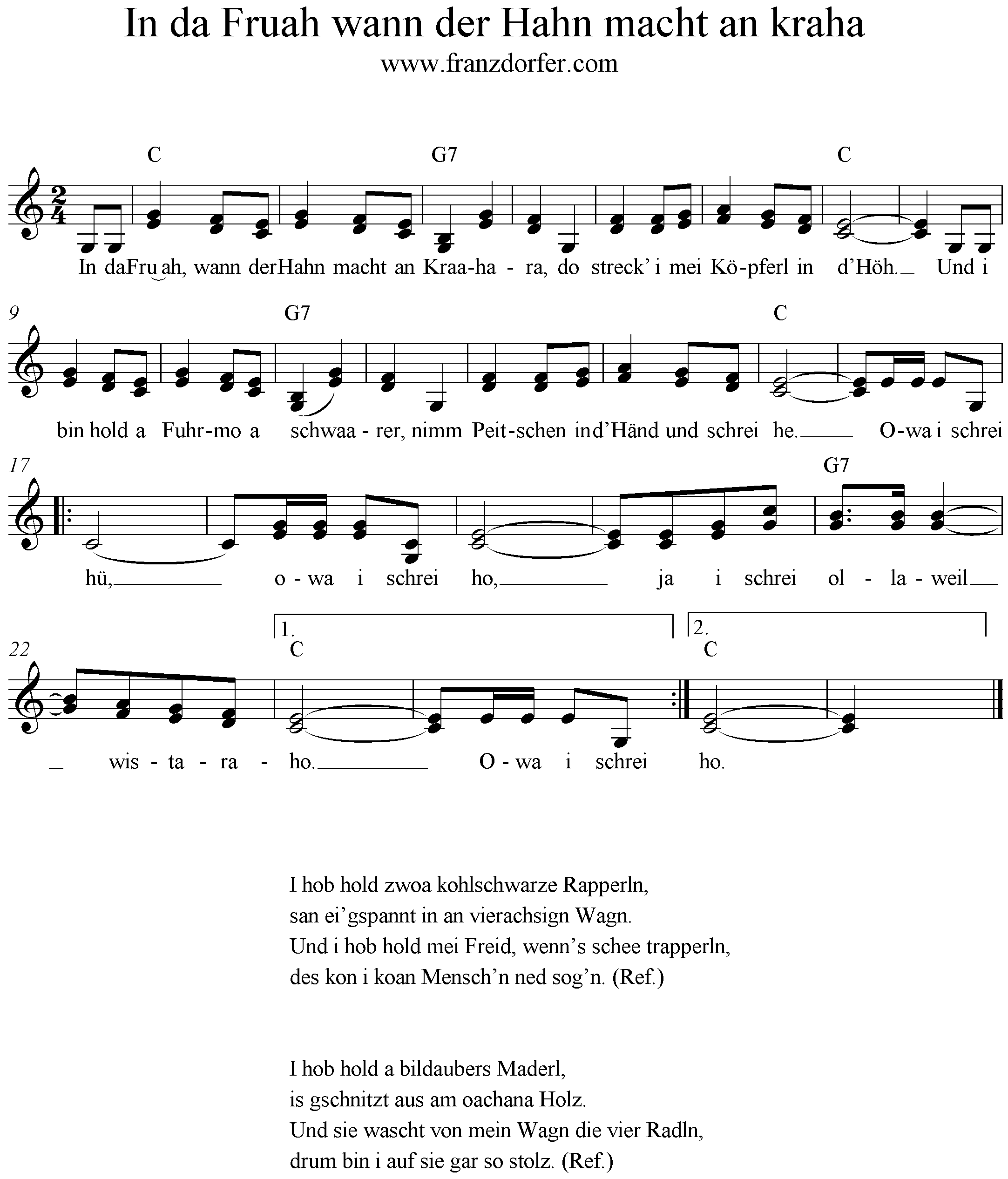 Noten Fuhrmannslied - In da Fruah wann der Hahn macht an kraha